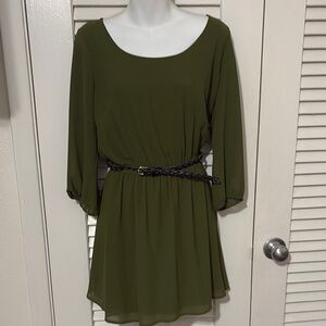 Elegant Olive Green Dress with Braided Belt